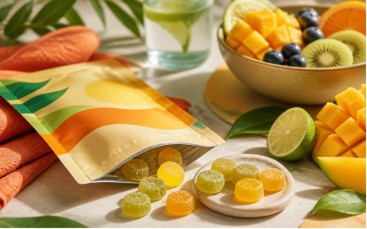 Immunity Gummies spilling from a pouch beside fresh fruit