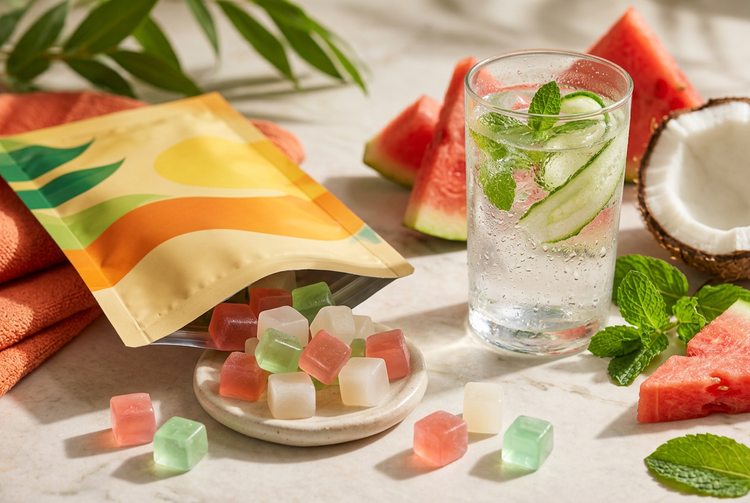 Hello Nutrition Hydration Chews in watermelon, coconut and mint, with a glass of iced cucumber-mint water
